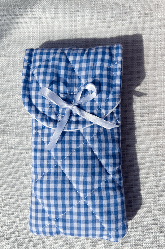 blue and white gingham padded and quilted soft handmade glasses case with white bow on velcro closure